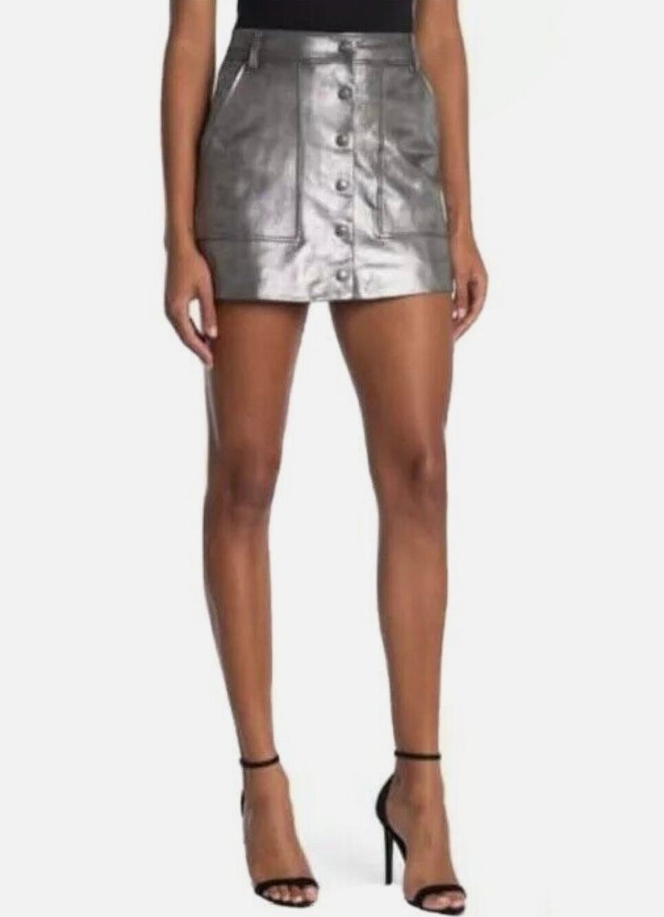 Frame Lambskin Leather Silver Metallic Mini Skirt Size 29 Button Up High-Rise